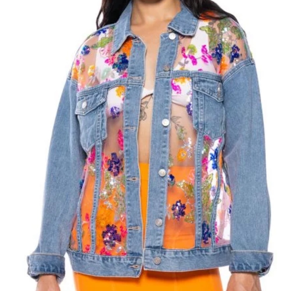 Akira Denim Blue Jean Jacket with sheer floral  NWT XL